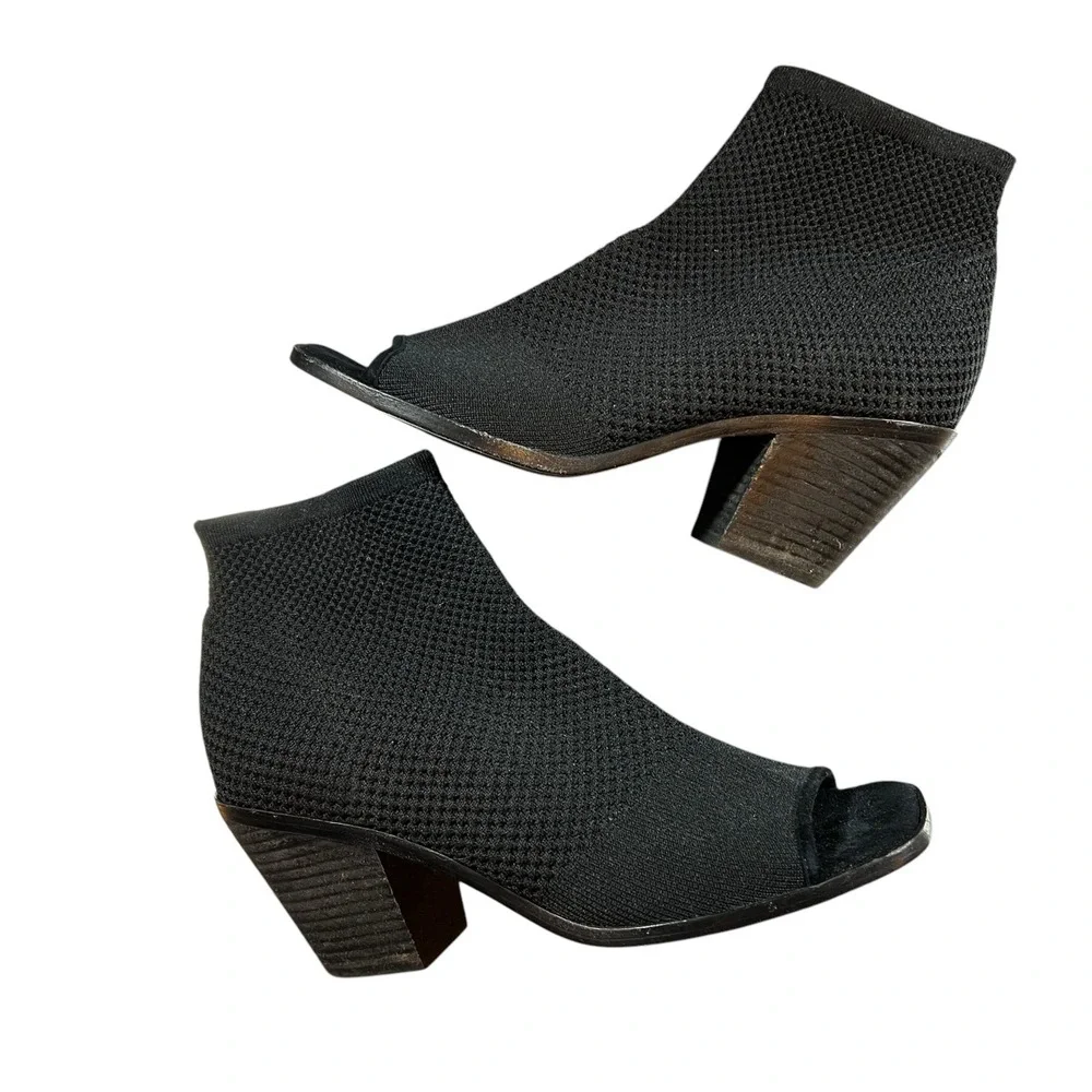 Eileen Fisher Boots Black Open Toe Stretch Knit Chunky Heel‎ Sock Boot Size 9.5